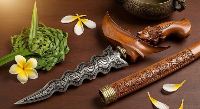 Kris daggers and tropical flowers on a dark wooden surface, cultural artifact
