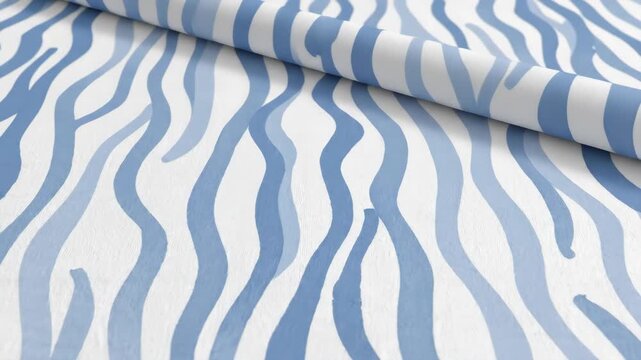 Roll of blue and white wavy patterned wallpaper for home interior design and renovation project.