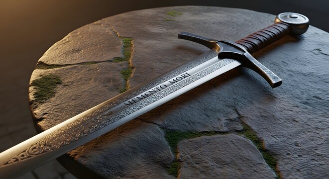 Magnificent medieval broadsword with intricately engraved blade resting on ancient weathered stone
