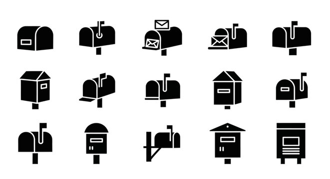 Mailbox Icons, Mailbox Set, Postal Box Symbols, Black Mailbox Illustrations, 16 Mailbox Graphics
