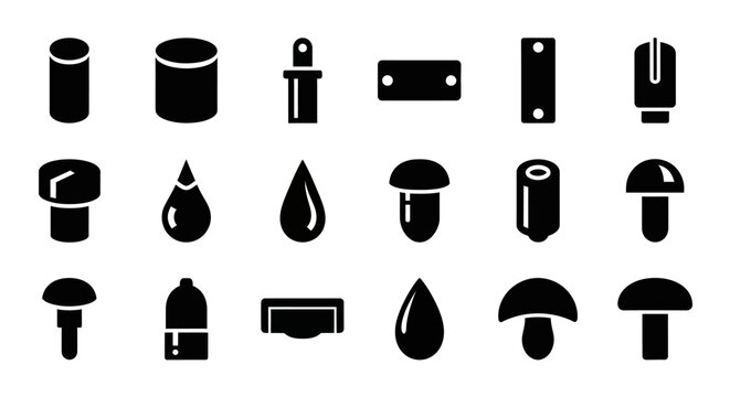 Black silhouette icons set, 20 industrial tools and equipment symbols, solid shapes, vector graphics, industrial, tool, equipment, silhouette