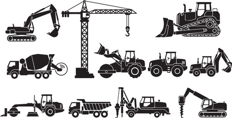 Obraz premium Heavy construction machinery icons, showcasing excavators, bulldozers, cranes, and trucks for large-scale building projects.