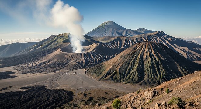 Majestic View of Mount Bromo and Mount Batok Active Volcano Landscape in Bromo Tengger Semeru National Park, East Java, Indonesia