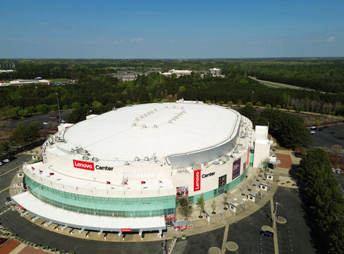 Raleigh, NC - USA - 3-31-2026: Aerial view of the Lenovo Center , formerly PNC arena ,  home of the Carolina Hurricanes NHL hockey team and NC State men's basketball team