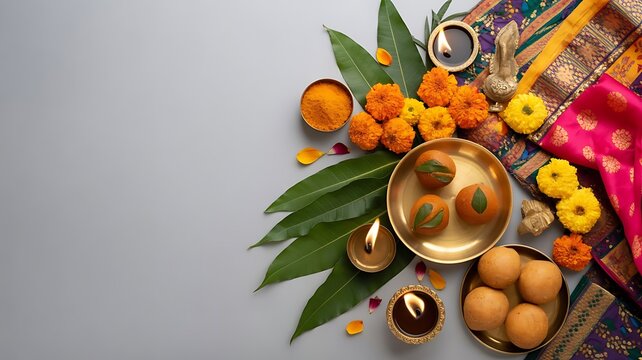 Flat lay Joyful Gudi Padwa and Ugadi on white background