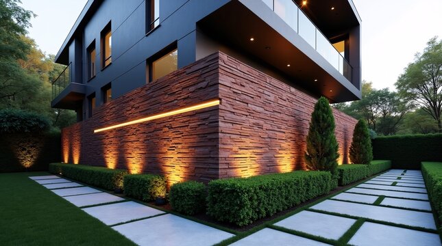 A sleek modern dark villa with a striking stacked red stone accent wall, illuminated by warm linear and uplighting