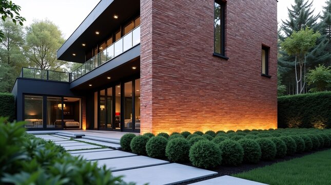 A sleek modern two-story villa with a textured red brick accent wall, dark metal framing, and glass balconies, illuminated by warm uplighting