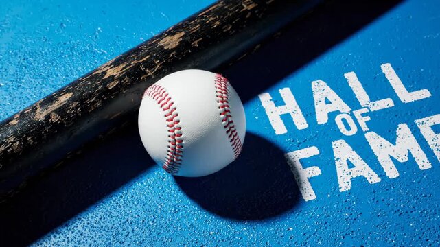 Baseball and wooden bat on a blue surface with hall of fame text representing sports achievement.