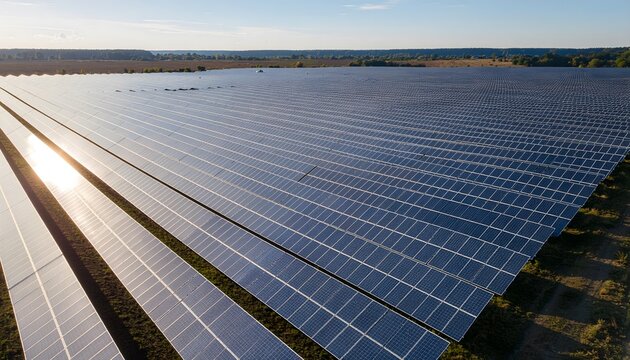 Vast Solar Farm Under Sunny Sky Generating Clean Energy