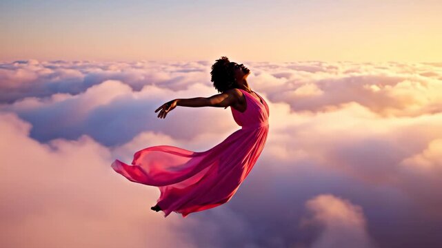 Graceful woman in a pink dress floating above the clouds during a golden sunset representing freedom and peace.