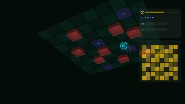 Futuristic computational interface displaying abstract digital grid data with highlighted elements for simulation and benchmark analysis