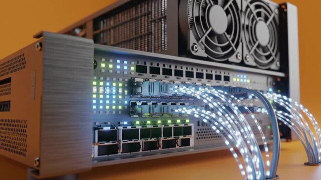 Server with glowing network cables connected.