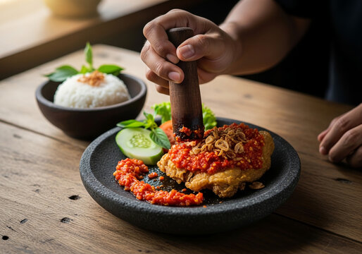 Traditional Indonesian Spicy Smashed Fried Chicken Ayam Geprek