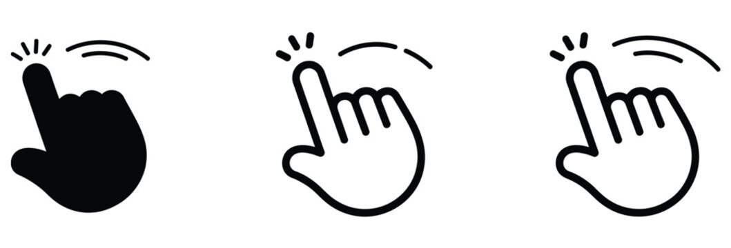 Collection of vector icons depicting a finger tapping or clicking on a digital touch screen, ideal for modern UI/UX design elements.
