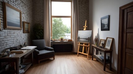 Fototapeta premium A naturally lit art studio space featuring an easel comfortable seating and exposed brick walls perfect for creative inspi n