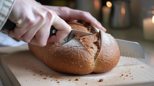 Close-up of hands slicing a crusty artisan loaf of bread on a wooden board with a knife.
