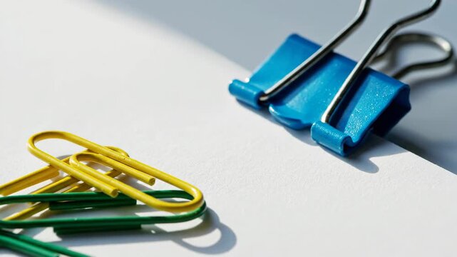 Close up of colorful binder clips and paperclips on white paper for office organization and business paperwork.