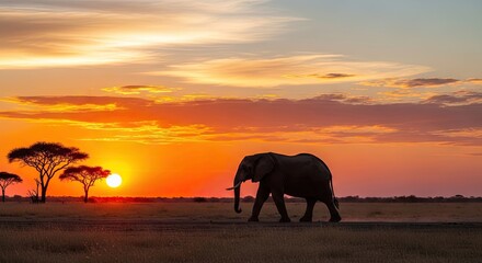 Fototapeta premium Elephant silhouette walking across the african savanna at sunset with orange sky