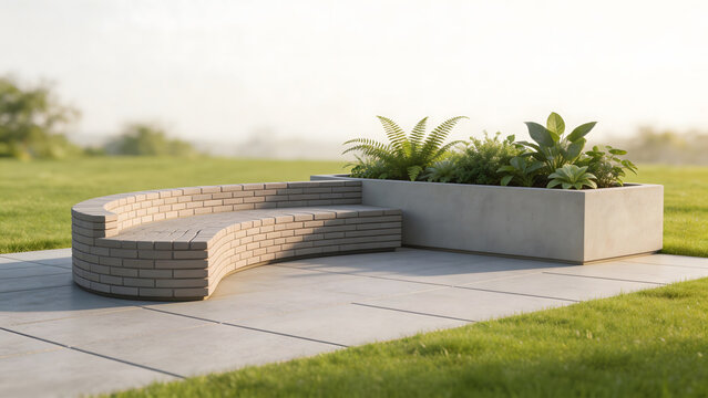 Curved brick bench with planter