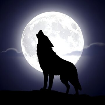 Wolf howling at full moon silhouette.