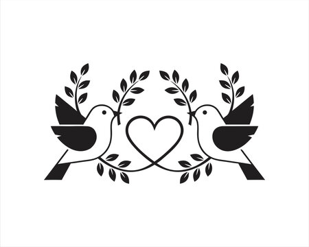 Two Black Doves with Heart and Olive Branches Silhouette Vector Illustration