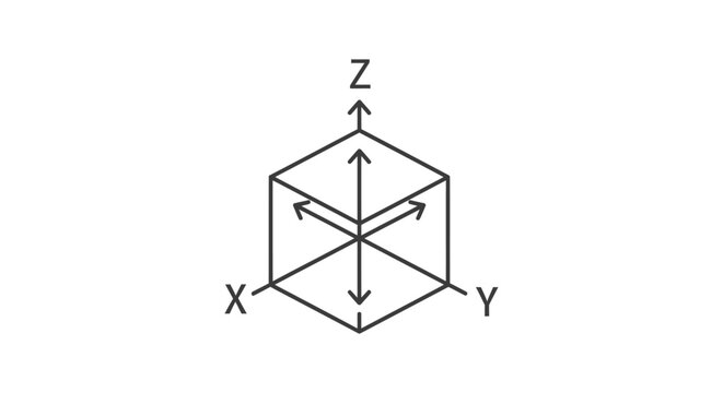 a 3d coordinate system with x y z axes surrounding a cube illustrating concepts of dimension spatial growth and technological innovation.