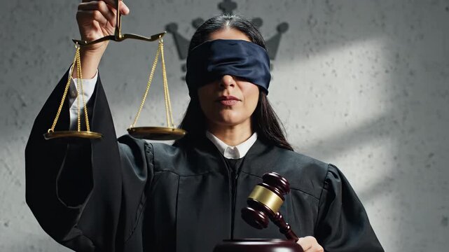 A blindfolded female judge holding the scales of justice and a gavel representing legal impartiality and fairness.