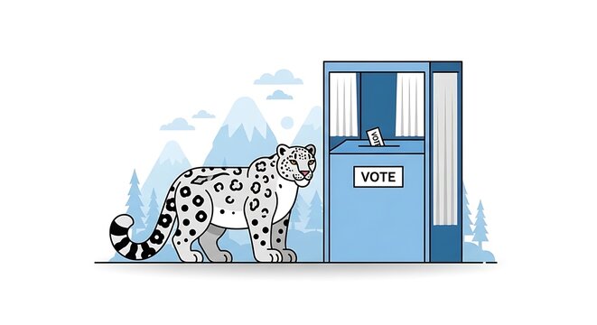 Snow leopard approaches voting booth in snowy mountainous forest setting.