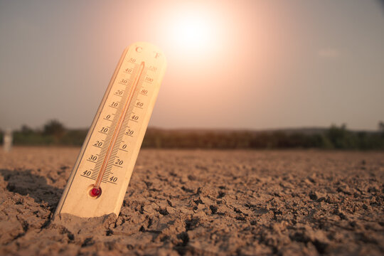 Scorching sunlight over arid land with a thermometer indicating dangerous heat levels and climate crisis.