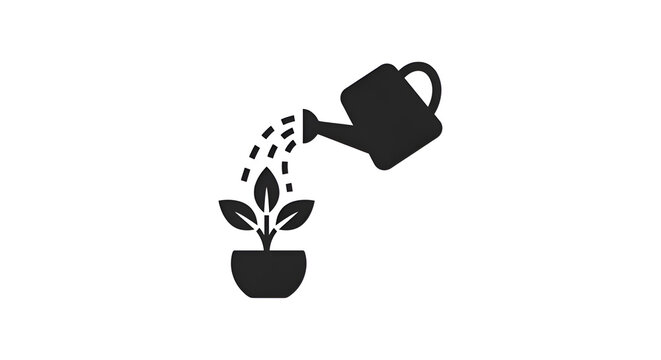 Minimalist flat vector icon of watering can pouring water onto plant