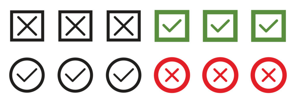 Checkmark cross success verified icon set.smart choice move and Wrong Turn in circle icon.