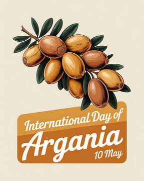 Illustration for international day of argania on may 10th with argan tree branch and fruits
