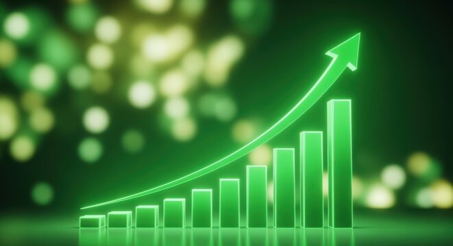 A glowing green bar graph with an upward arrow indicating growth or increase, set against a blurred background of green and yellow lights.