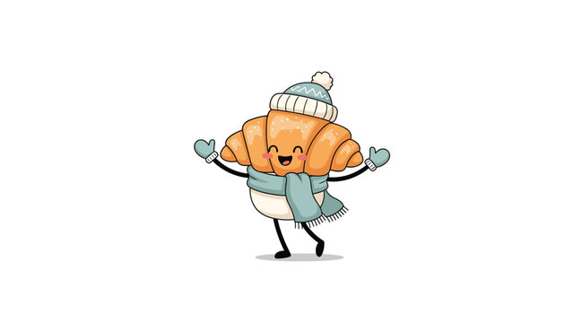 Cheerful cartoon croissant character wearing a light blue knit hat and matching scarf celebrating the winter season with open arms.