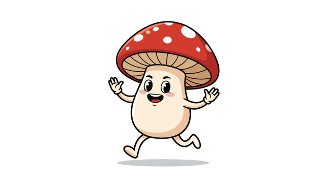 Happy red mushroom character with white spots running with joy in a playful cartoon illustration style for kids and nature designs.