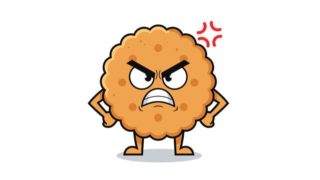 Angry cartoon biscuit or cracker character with an intense expression and red frustration marks in a bold flat vector illustration.