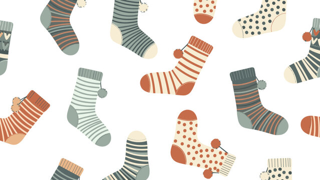Cozy winter pattern featuring various warm knitted socks with stripes, polka dots, and pom-poms in a seamless repetitive design.