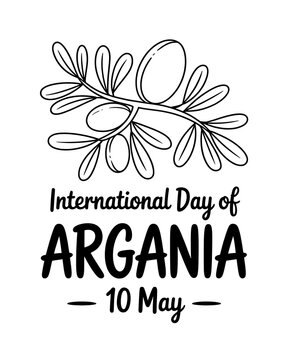 International day of argania illustration with argan tree branch and text on white background