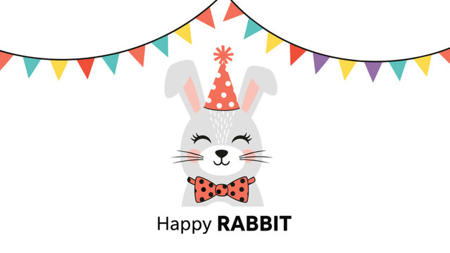 Cute cartoon rabbit wearing a party hat and polka dot bow tie under colorful bunting flags with happy rabbit text below.