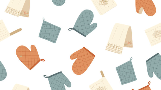 Seamless pattern of various kitchen items including oven mitts, pot holders, and hanging towels in earthy tones on white.