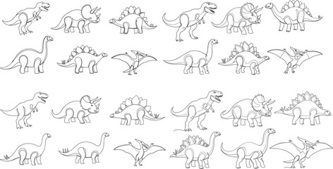 Dinosaur Icon Set Featuring Stegosaurus, Triceratops, Brachiosaurus, Pterodactyl, and Various Dinosaur Illustrations for Prehistoric, Animal, and Educational Designs © Shilpi
