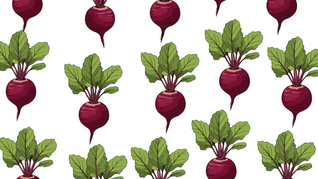 Seamless pattern of whole beetroots with vibrant green leaves and purple roots on a plain white background.