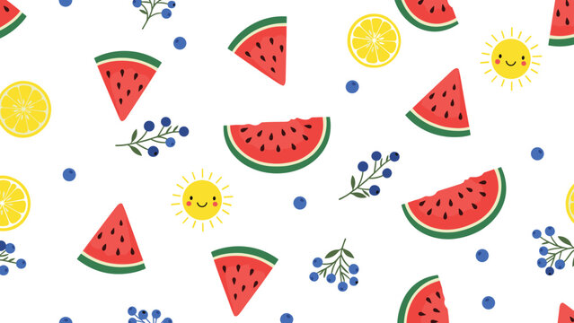 Cheerful summer pattern with watermelon wedges, lemon slices, blueberries, and smiling suns on a white background.