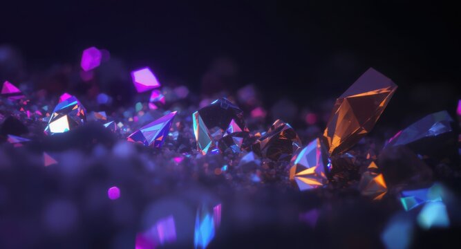 A close-up of vibrant, multifaceted crystals shimmering in purple, blue, and orange hues against a dark, blurred background.
