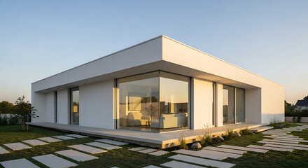 Fototapeta premium Modern White House with Large Windows and Stone Pathway