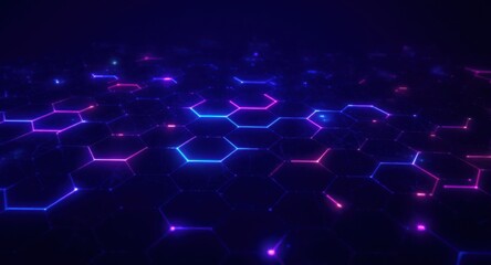 Fototapeta premium A futuristic digital grid of glowing hexagons with neon blue and purple lights on a dark background, representing technology and connectivity.