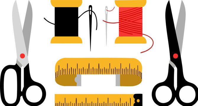 Tailor sewing kit vector set, professional dressmaking tools with scissors and thread spools, flat craft equipment for fashion design and needlework