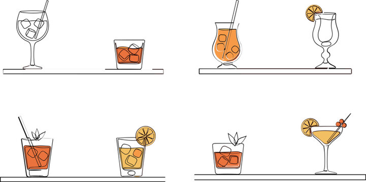 Cocktail Drink Icon Set Featuring Whiskey, Rum, Cocktail Glasses, and Ice Cubes for Bar, Beverage, and Party Designs