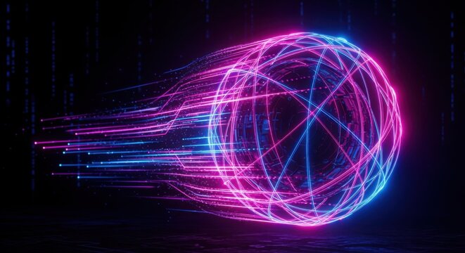 A glowing neon sphere with dynamic pink and blue light trails moves through a digital space filled with binary code patterns.