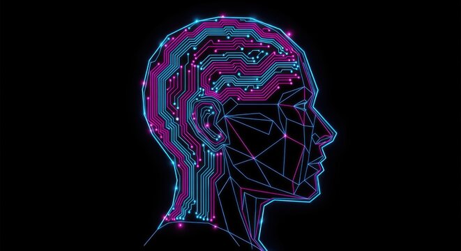 A neon digital outline of a human head with circuitry patterns, symbolizing artificial intelligence and technology integration in the brain.